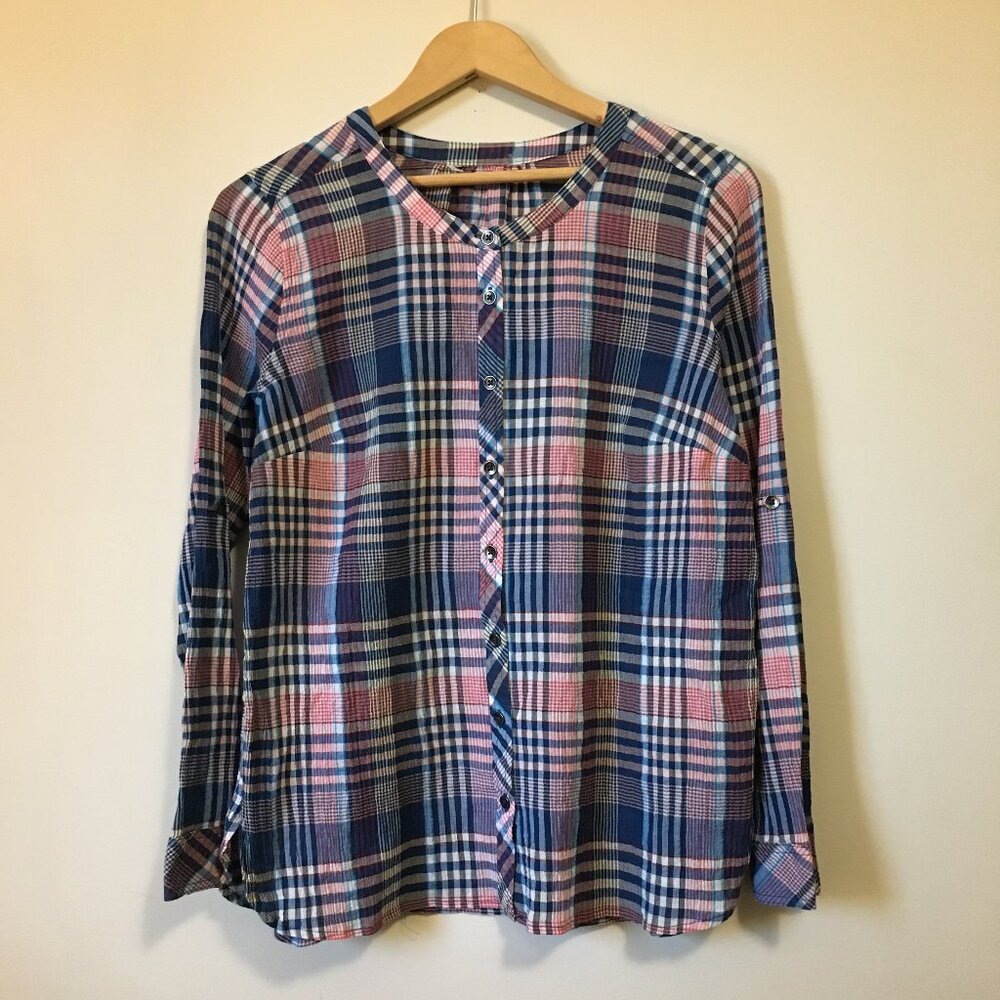 Pastelcore Sheer Cotton Banded Collar Plaid Shirt S